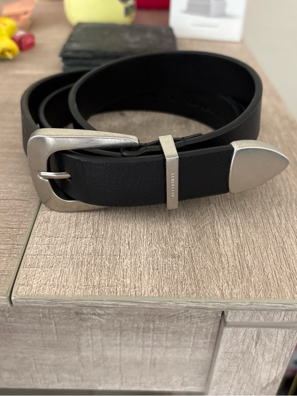 All Saints Black Leather Belt with Silver Hardware sz. Large